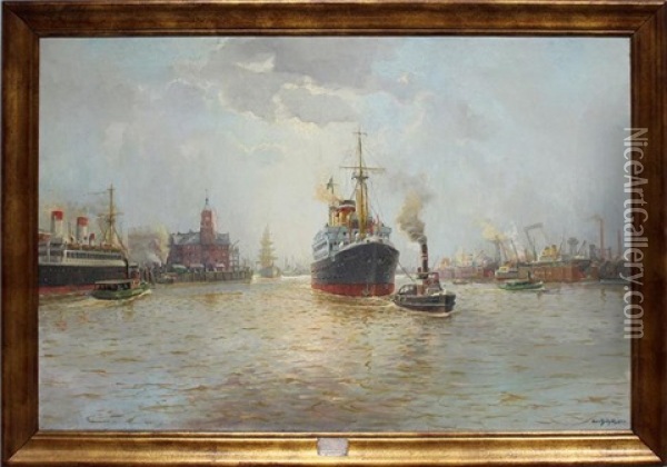 Hamburger Hafen, Morgenstimmung Oil Painting - Hans (Johannes) Bohrdt