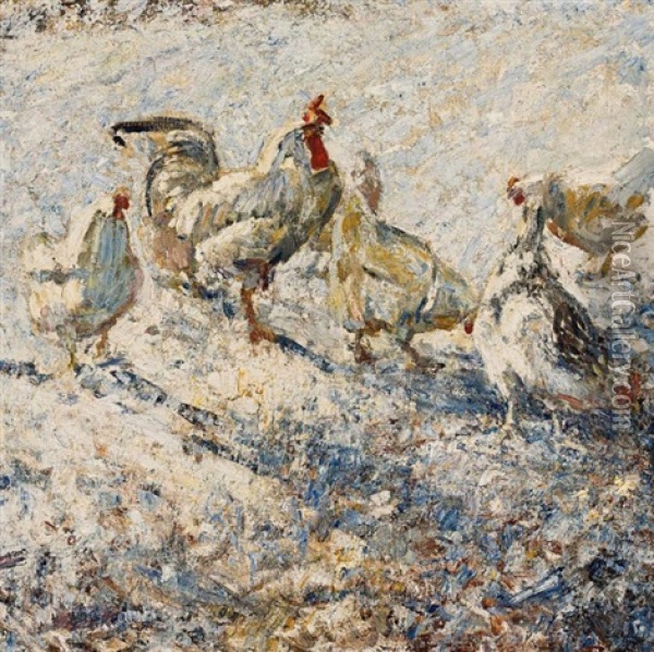 Rooster And Chickens Oil Painting - Harry Fidler