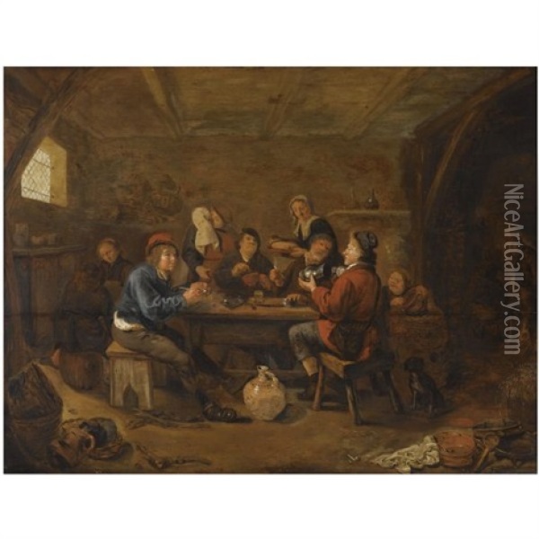 Figures Drinking And Smoking In An Inn, With An Amorous Couple In The Background Oil Painting - Jan Miense Molenaer