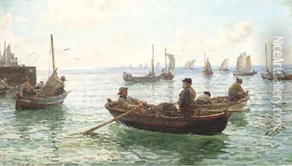 Lobster fishermen leaving harbour Oil Painting - Hamilton Macallum