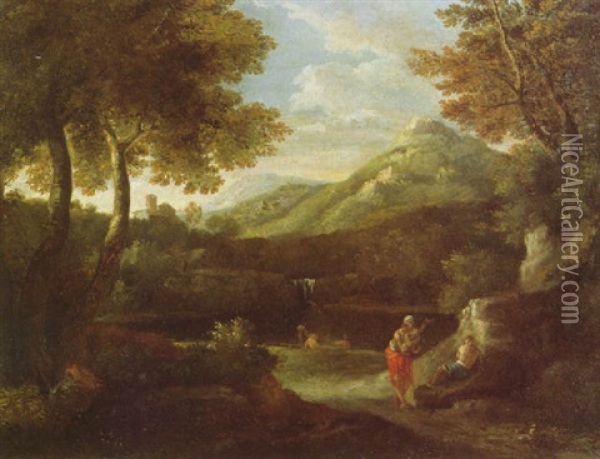 An Italianate Landscape With Classical Figures Beside A Lake, A Waterfall And Mountains Beyond Oil Painting - Gaspard Dughet