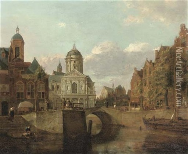A Capriccio Townscape With Houses And A Baroque Church On A Canal Oil Painting - Johannes Huibert (Hendric) Prins