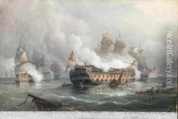 The H.m.s.defence Engaging The San. Ildefonso At The Battle Oftrafalgar Oil Painting - Richard Bridges Beechey
