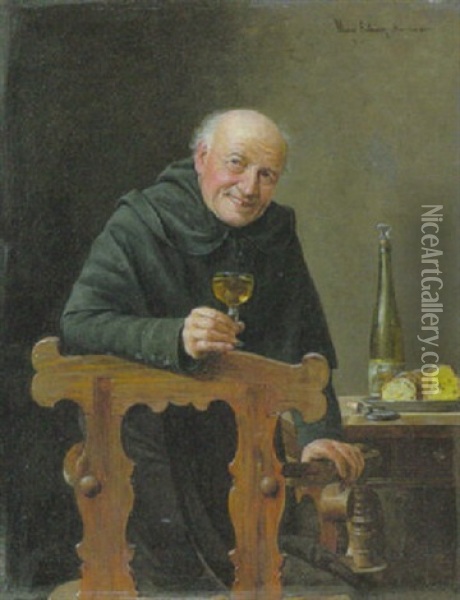 Monch Bei Der Brotzeit Am Tisch, Genieserisch Ein Glas Wein In Der Rechten Hand Haltend Oil Painting - Max Scholz
