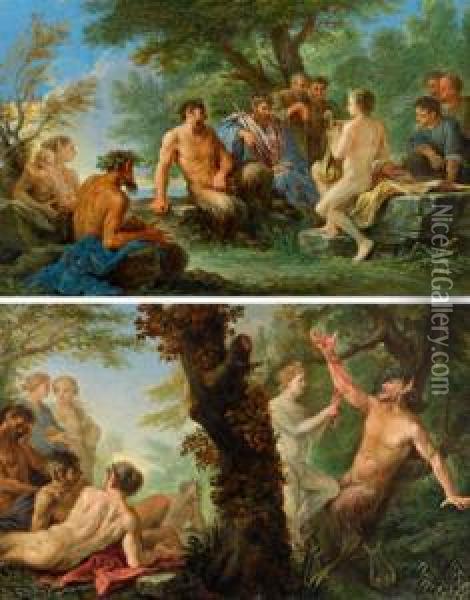 Due Scene Mitologiche: La Contesa Fra Apollo E Il Satiro Marsia; Apollo Scuoia Marsia Oil Painting - Cirlce Of Filippo Lauri