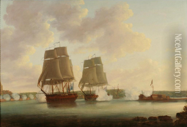 Thebattle Of Copenhagen, 
Showing British Ships Under Sailfiring At A Shoreline Oil Painting - Dominic Serres