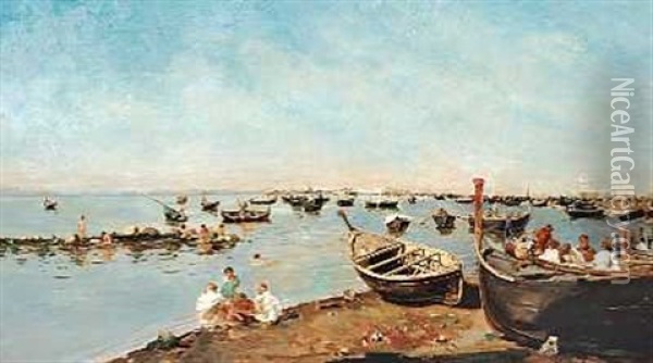 Legende Born Blandt Fiskerbade, Middelhavet Oil Painting - Ricardo Villegas Y Cordero