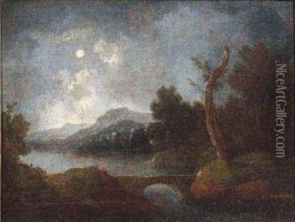 Paesaggio Fluviale Notturno Con Ponticello Oil Painting - Johann Christoph Von Bemmel