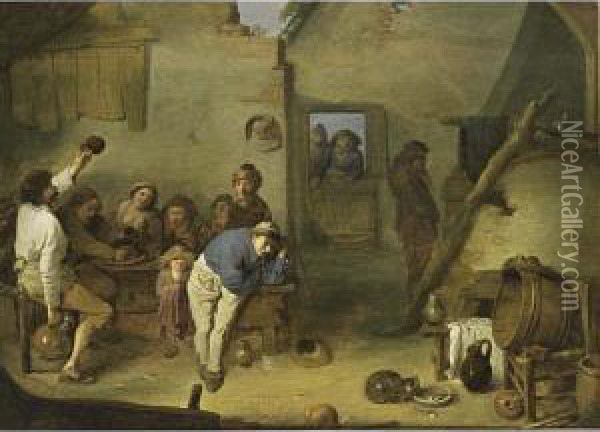 A Tavern Interior With Peasants Drinking And Making Merry Oil Painting - Pieter de Bloot