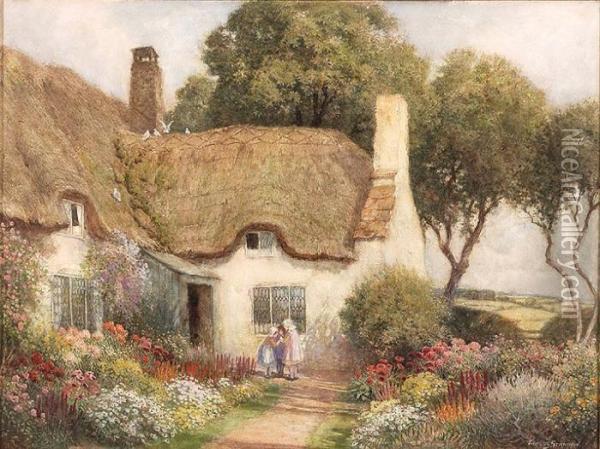 Three Girls Outside Athatched Roof Cottage Oil Painting - Arthur Claude Strachan