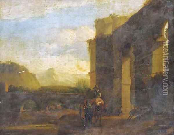 An Italianate landscape with travellers by a bridge near classical ruins Oil Painting - Jan Asselyn