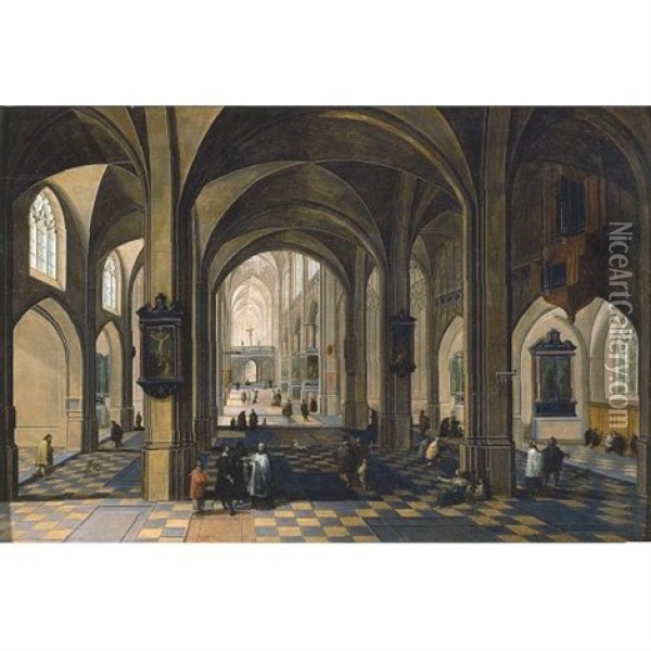 The Interior Of A Gothic Cathedral With Figures Oil Painting - Peeter Neeffs the Elder