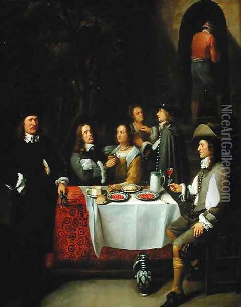 An Elegant Company at a Table on a Terrace, 1660s Oil Painting - Gillis van Tilborgh