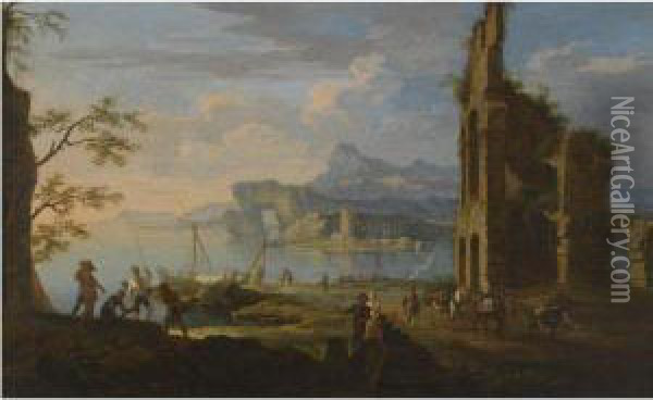 A Mediterranean Harbour Scene With Ruins And Figures Unloadingcargo In The Foreground Oil Painting - Jacob De Heusch