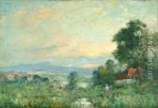 Figures In A Landscape With A Town In The Distance; & A Companion Oil Painting - George Boyle