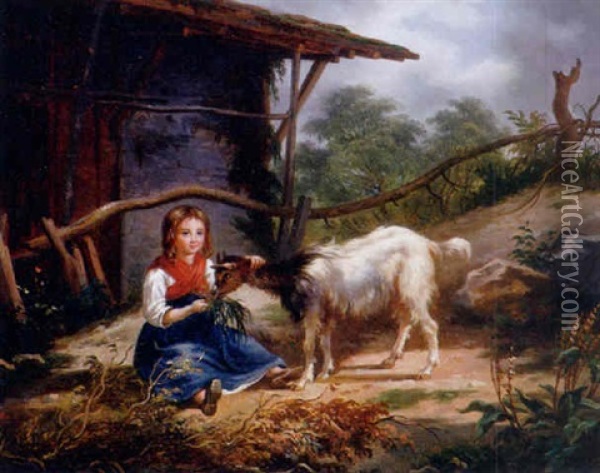 Walliser Madchen Futtert Eine Ziege Oil Painting - Joseph Henri Deville