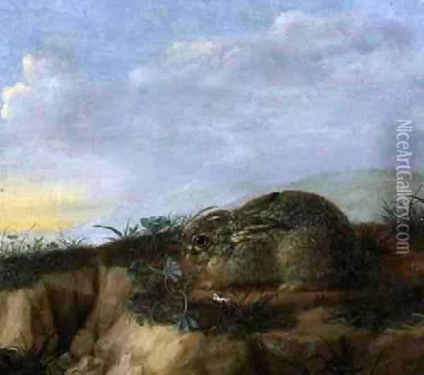 A Hare in a Landscape Oil Painting - Heinrich Lihl