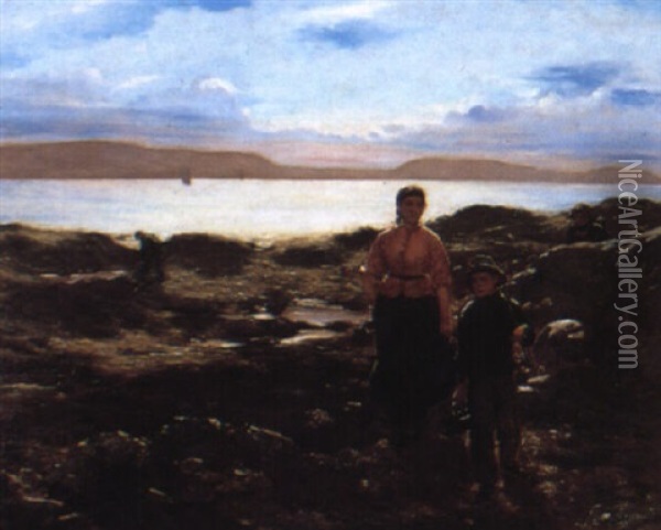 Solnedgang Over Kysten, Med De Unge Fiskere Pa Vej Hjem Oil Painting - Patrick William Adam