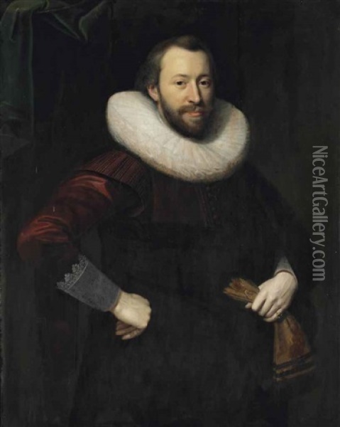 Portrait Of A Gentleman, Three-quarter-length, In A Red And Black Costume With A Lace Collar, Holding A Pair Of Gloves In His Left Hand Oil Painting - Cornelis van der Voort