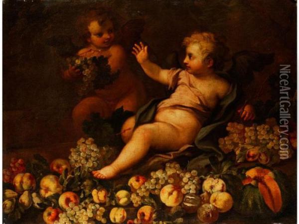 Fruchtestilleben Mit Zwei Putten Oil Painting - Giovanni Paolo Castelli Spadino