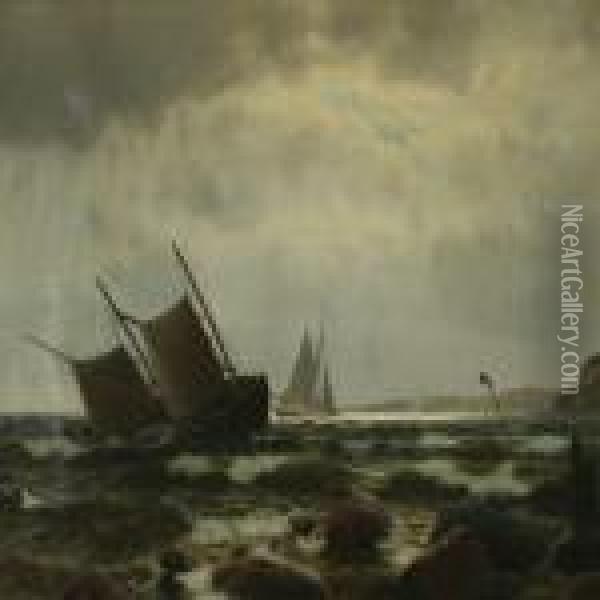 Coastal Scenery With Sailing Ships Oil Painting - J.E. Carl Rasmussen