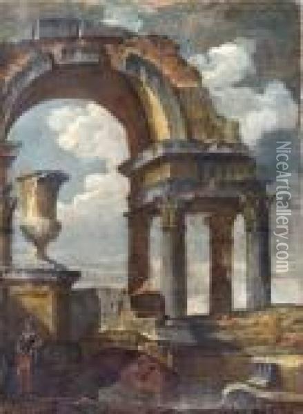 Capriccio Architettonicocon Vaso Monumentale, Arco In Rovina E Soldato A Riposo Oil Painting - Giovanni Niccolo Servandoni