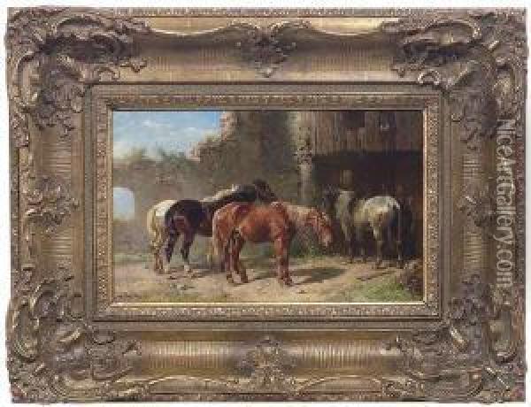 Four Horseswaiting At A Blacksmith's Workshop Oil Painting - Ludwig Hartmann