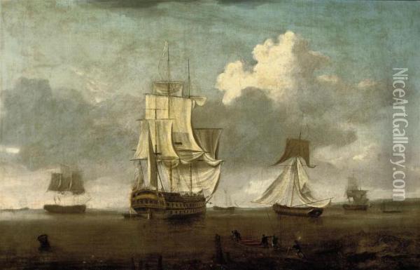A Flagship Departing From The Anchorage Oil Painting - William Anderson