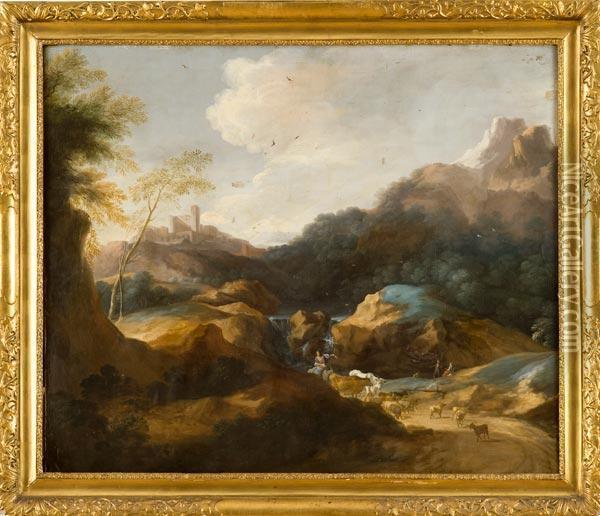Paesaggio Fluviale Con Borgo E Pastori Oil Painting - Nicolaes Berchem