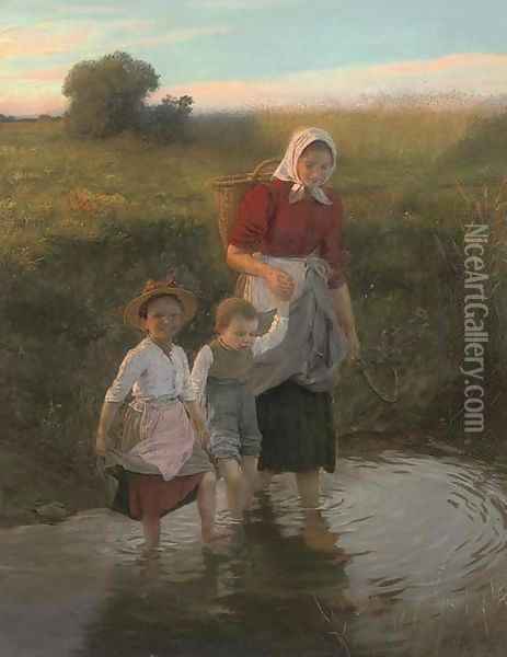 Crossing the stream at the end of the day Oil Painting - Karl von Bergen