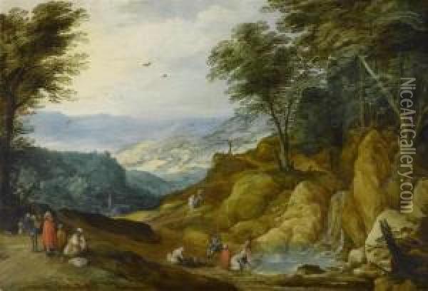 Broad Landscape With Washerwoman And Figures Resting Near A Waterfall. Oil Painting - Joos De Momper