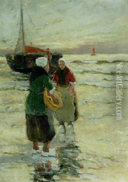 Fisherwomen Near A Bomschuit On The Beach Oil Painting - Gerhard Arij Ludwig Morgenstjerne Munthe
