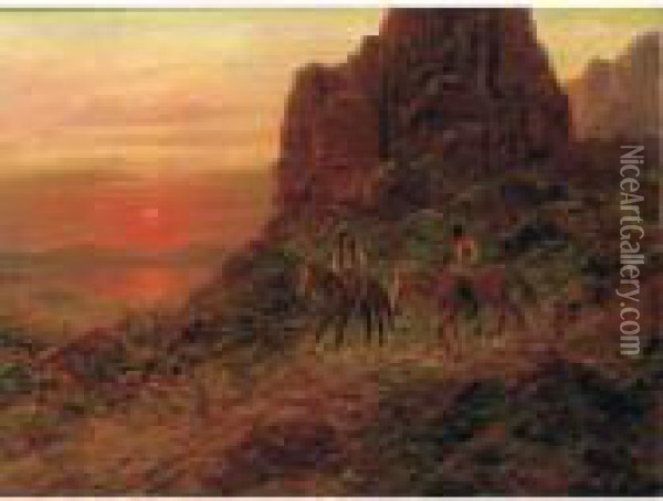 Apaches Scouting In Mountains, Sunset Oil Painting - Henry Raschen