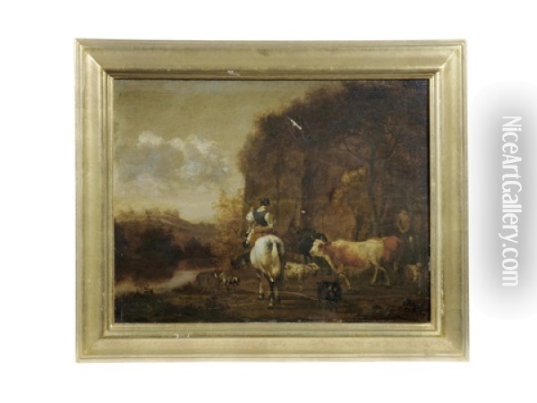 A Drover With Her Herd In A Landscape Oil Painting - Hendrick ten Oever