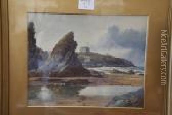 Newquay Looking Towards Huers Hut From Great Western Beach Oil Painting - Douglas Houzen Pinder