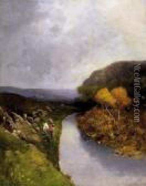Shepherdess On The Autumnal Hillside Oil Painting - Bela Von Spanyi