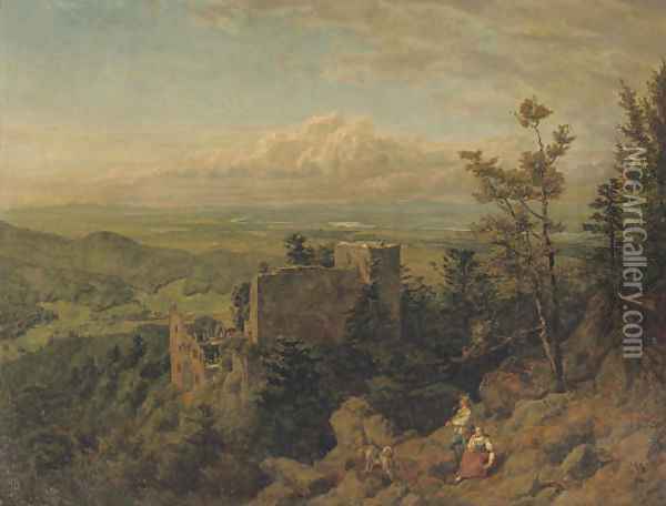 Die burgruine Hohenbaden looking out over the Rhein valley, Baden Baden Oil Painting - Hans Thoma