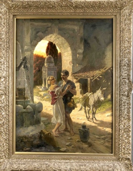 Tanzendes Paar An Einem Brunnen Unterhalb Des Stadttores In Italienischer Landschaft Oil Painting - Johann Frank Kirchbach