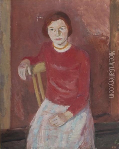 Sittande Kvinna I Rod Kofta Oil Painting - Nils Nilsson