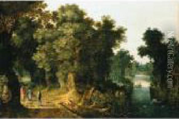 A Wooded River Landscape With Figures On A Path And Fishermen On A Rowing Boat Oil Painting - Abraham Govaerts