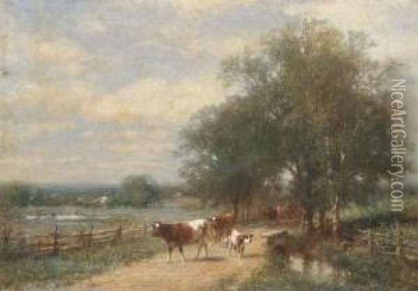 Cows On A Lane In A Landscape Oil Painting - James McDougal Hart