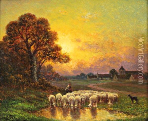 Troupeau De Moutons A La Mare, Chailly Oil Painting - Paul Chaigneau