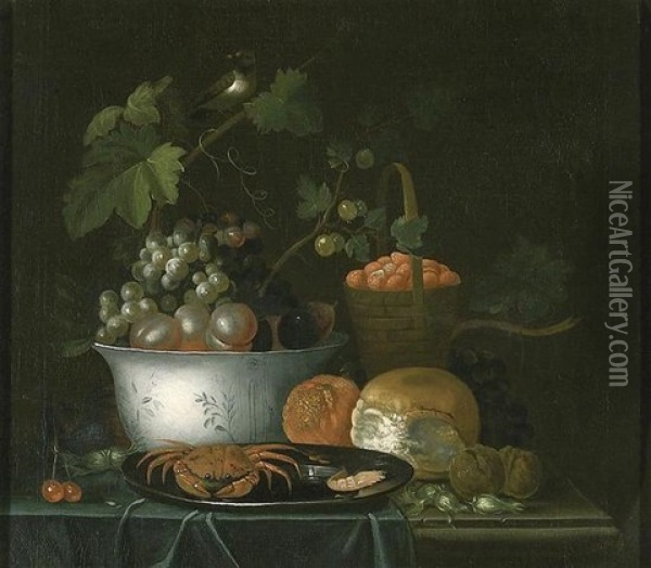 Raisins, Prunes, Fraises, Noix Et Crabe Sur Un Entablement Partiellement Drape Oil Painting - Jan Davidsz De Heem