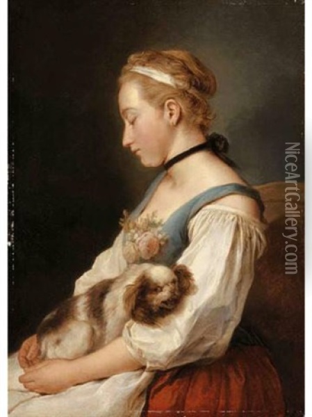 Portrait Of A Young Woman, Holding A Spaniel Oil Painting - Charles Francois Hutin