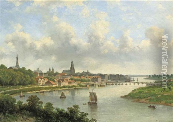 View Of A Riverside Town Oil Painting - Johannes Jacobus Antonius Hilverdink
