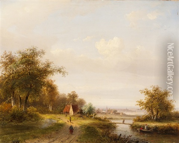 Path Along The Water With A View Of A Village Oil Painting - Claus Hendrik Meiners