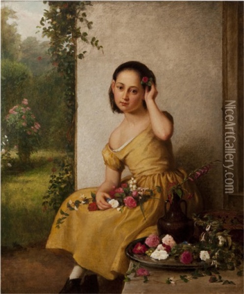Girl In A Yellow Dress With Fresh Cut Flowers Oil Painting - George Cochran Lambdin