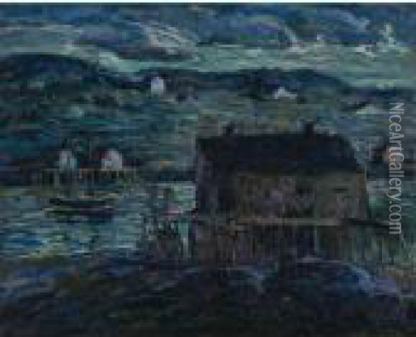 Harbor At Night Oil Painting - Ernest Lawson