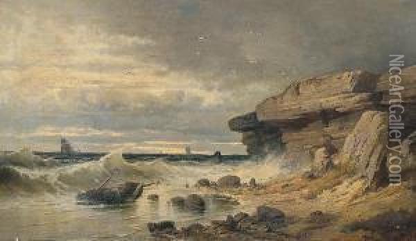 Rocky Coastal Landscape With Washed-up Boat Oil Painting - Paul Von Tiesenhausen