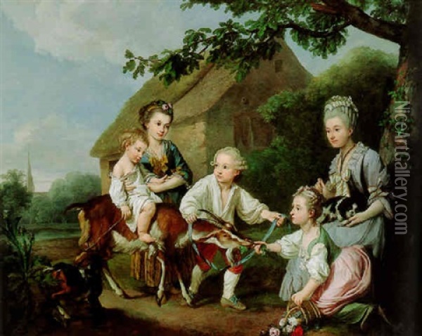 Family In A Landscape With A Goat And Two Dogs Oil Painting - Johann Christian von Mannlich